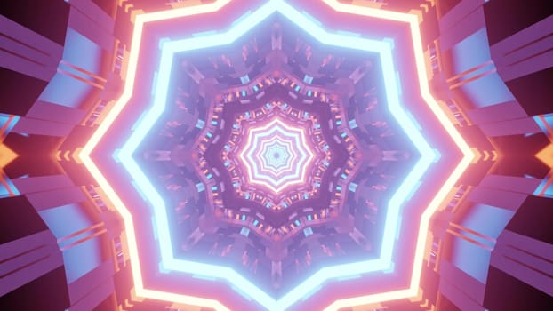 3D illustration of multilevel tunnel with neon illumination and abstract kaleidoscope pattern as background