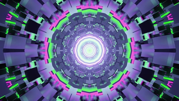 3D illustration of futuristic cyberspace with bright colorful neon lamps lowing in swirling tunnel