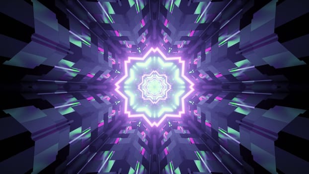 3D illustration of illuminated abstract ornament decorated with neon lights reflecting in tiled walls of dark tunnel