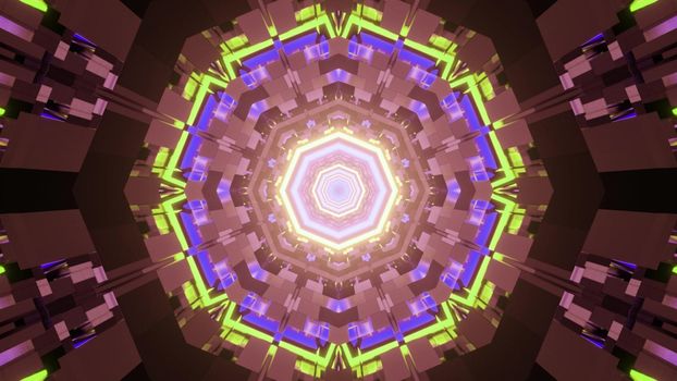 3D illustration of colorful ornamental graphic pattern with symmetric lines and cells as abstract background