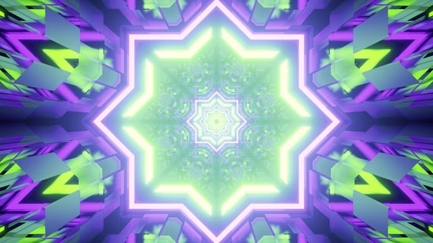 3d illustration of abstract background of geometric endless tunnel glowing with green and purple neon lights