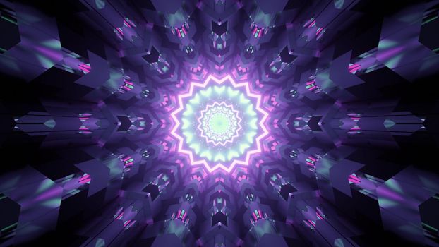 3d illustration of abstract background of ornamental corridor in shape of flower with reflection of purple and blue neon lights