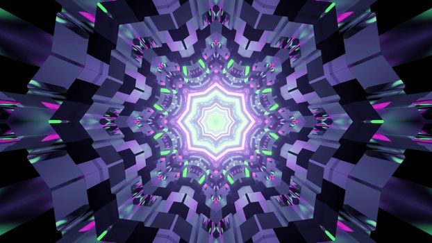 3d illustration of abstract background of tunnel with geometric bricks illuminated by neon lights