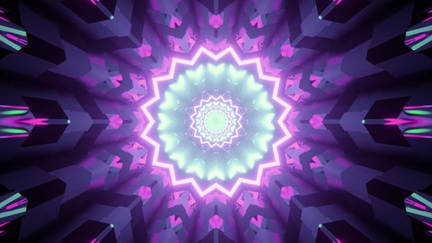 3d illustration of abstract background of geometric tunnel with shapes and lines glowing with blue and purple neon illumination