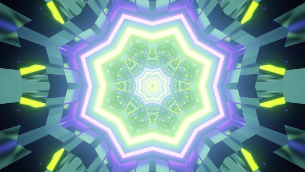 3d illustration of abstract background of flower shaped ornamental tunnel with vivid neon illumination