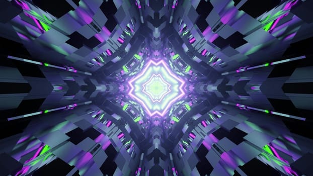 3d illustration of abstract geometrical background of three dimensional futuristic tunnel in shape of rhombus glowing with purple and green lights