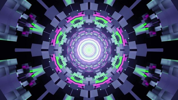 3d illustration of abstract background of round shaped tunnel with bricks illuminated by green and purple neon lights