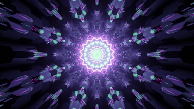 3d illustration of abstract background of creative flower shaped corridor with bright neon illumination