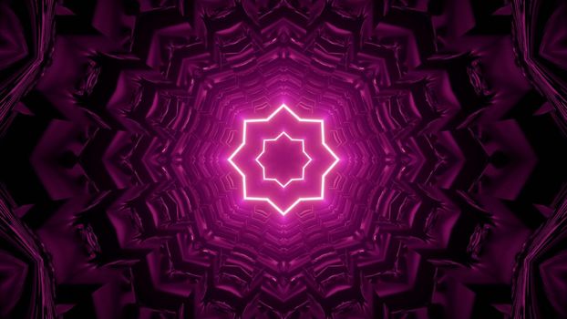 3d illustration of fantastic dark purple tunnel with shiny neon star shaped hole for abstract background design