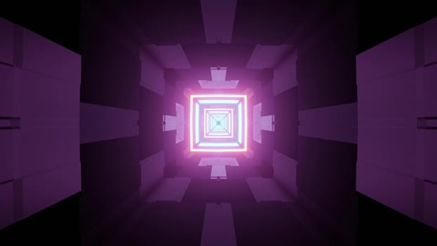 3d illustration abstract futuristic background dark purple tunnel perspective with shiny square shaped neon lights
