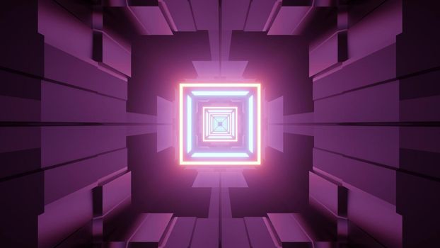 3d illustration of hallway perspective with futuristic geometric shapes and purple walls illuminated by glowing neon lights