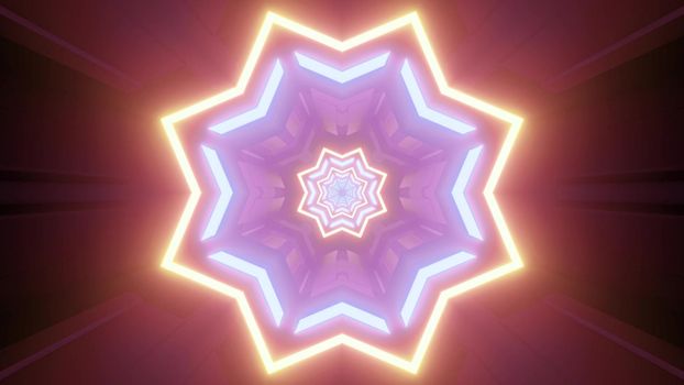3d illustration abstract visual geometric background with shiny neon star shaped figures creating optical illusion of endless futuristic tunnel