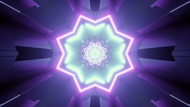 3d illustration with shiny colorful neon star shaped pattern on dark purple gradient background with symmetric lines for futuristic designs