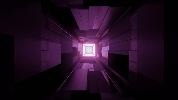3d illustration futuristic interior with perspective view of long corridor with geometric panels glowing in neon lights for abstract architecture concept design