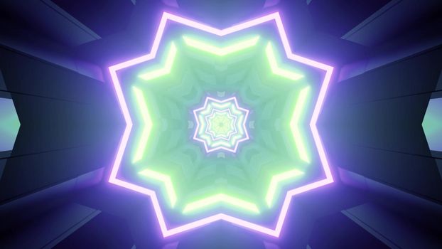 3d illustration of virtual world tunnel with octagonal geometric shapes and vibrant neon illumination in green and purple colors