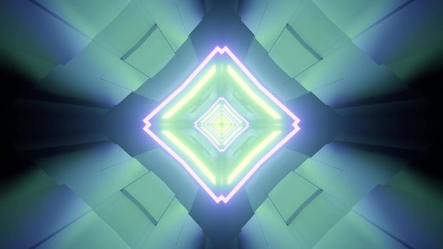 3d illustration of rhombus shaped tunnel with symmetric design and glowing neon lines in blue and green colors for abstract sci fi background