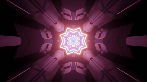 3d illustration perspective view through science fiction tunnel with symmetric geometric interior design illuminated by bright neon lights with star shapes