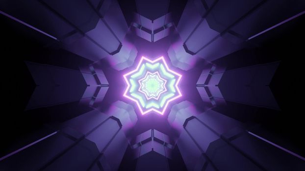 3d illustration perspective view of fantastic star shaped tunnel with symmetric geometric structure gleaming in purple neon rays