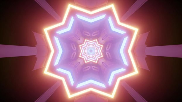 3d illustration of repetitive star shaped ornament of various sizes and neon colors creating optical illusion of endless futuristic tunnel