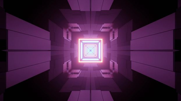 Abstract 3d illustration of underground square shaped corridor with blue and purple neon illumination for futuristic architecture concept designs
