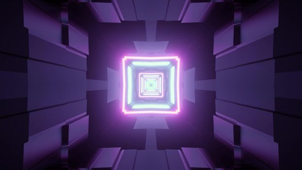 3d illustration abstract visual background with square shaped neon frames inside of virtual world tunnel with purple illumination