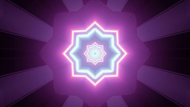 3d illustration with repetitive neon colored stars of different sizes glowing on purple background with symmetric stripes as futuristic interior of sci fi tunnel