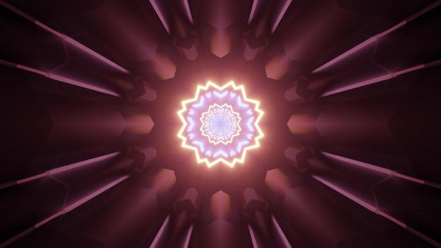 3d illustration with luminous neon geometric floral pattern in center and blinking symmetric purple lines forming interior of futuristic tunnel