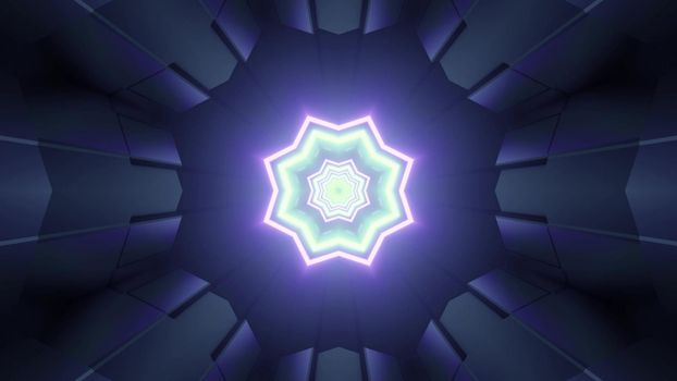 3d illustration with octagonal star shaped glowing neon pattern in center and symmetric rays on dark background forming optical illusion of fantastic tunnel with futuristic geometric design