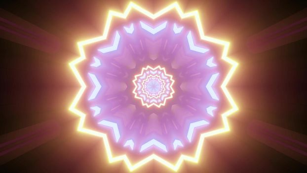 3d illustration of bright glowing geometric floral pattern in golden and purple neon colors on dark background