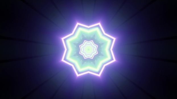 Minimalist style vibrant 3d illustration with shiny geometric pattern in shape of flower in blue and green neon colors for futuristic background