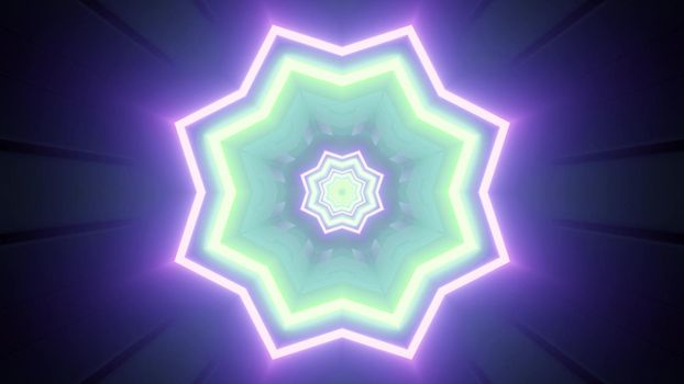 Vivid 3d illustration with glimmering geometric pattern in shape of flower in blue and green neon colors for futuristic background design