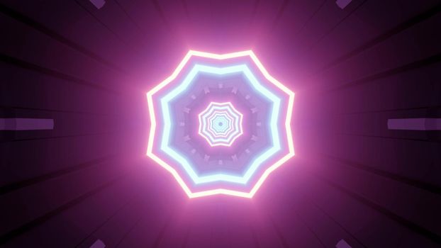 3d illustration with radiant neon geometric star shaped center and purple background with light reflections creating perspective of endless futuristic space tunnel