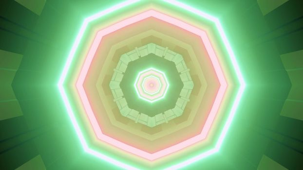 3d illustration of multicolored octagons of various sizes with neon light effects forming perspective geometric abstraction of futuristic tunnel