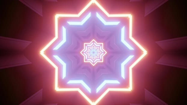 3d illustration of futuristic tunnel with geometric star shaped interior design illuminated with colorful neon lights