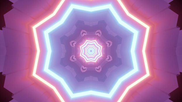 3d illustration abstract art visual background with repetitive star shaped holes of futuristic tunnel illuminated by colorful neon lamps