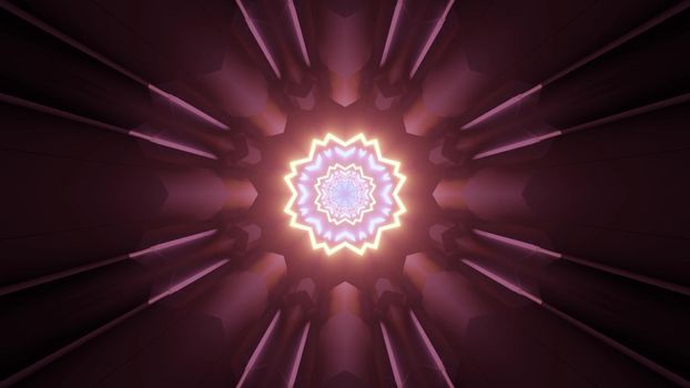 3d illustration with shiny golden and purple colored frames of endless futuristic tunnel with geometric design and neon illumination reflecting on dark surface