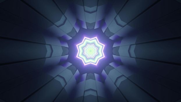 3d illustration abstract futuristic background with metallic cells and neon stars forming perspective geometric pattern of sci fi tunnel