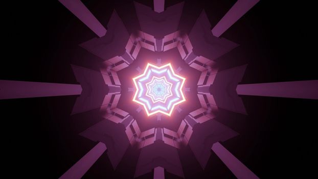 Abstract 3d illustration of science fiction gateway in dark tunnel with shiny neon crystal shaped ornament illuminating symmetric purple lines