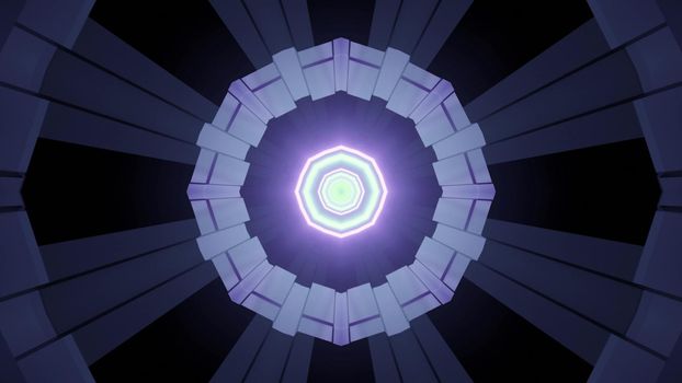 3d illustration in blue and purple shades of tunnel perspective with symmetric polygonal design and glowing neon lines for futuristic architecture and technology concept background
