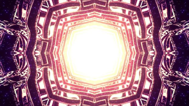 3d illustration abstract visual background perspective view of magic tunnel with ornamental geometric design reflecting bright golden light shining from hole