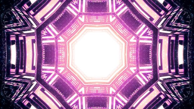 3d illustration abstraction of fantastic octagonal shaped tunnel with luminous center rounded by ornamental cells in purple neon shades