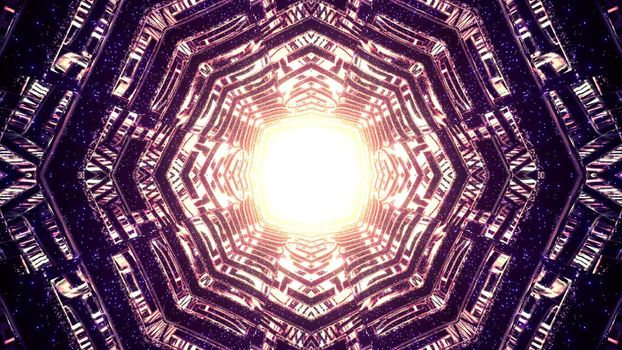 3d illustration of magic tunnel with repetitive octagonal mirrored edges reflecting shiny golden light glowing from hole