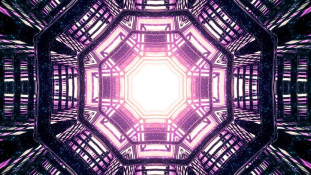 3d illustration magic tunnel perspective with geometric shapes and violet neon ornamental walls reflecting bright light shining from center