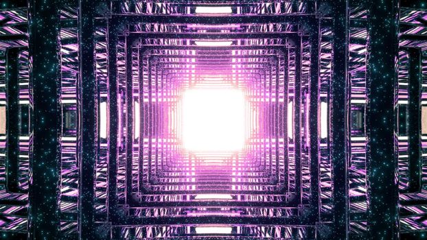 3d illustration interior design of futuristic square shaped corridor with mirrored surface reflecting bright golden light