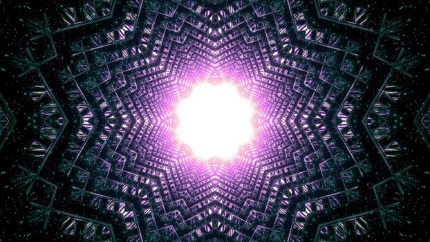 3d illustration perspective view of star shaped tunnel with symmetric metallic cells reflecting bright light glowing from hole for abstract background design