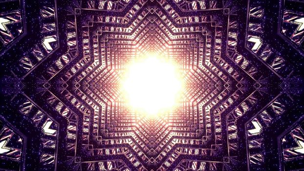 Fantastic 3d illustration abstract visual background with shiny golden sphere gleaming inside of star shaped tunnel with symmetrical metallic walls