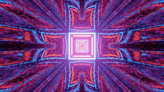 3d illustration optical illusion abstract art background design with repetitive neon lines creating square shaped pattern with colorful reflections and distortions