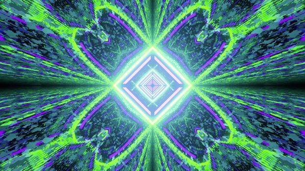 Vibrant 3d illustration abstract colorful background with symmetric geometric neon illumination and light reflection and distortion effects