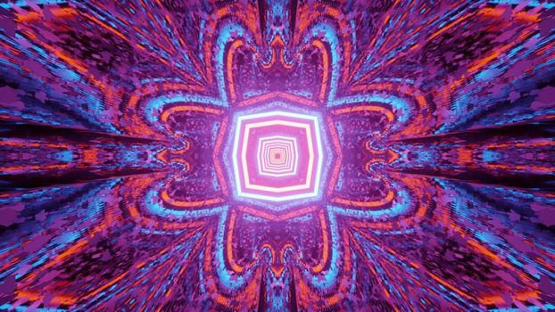 3d illustration of multicolored abstract geometrical figures forming frame of fantastic tunnel with reflections of neon lights