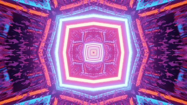 Radiant 3d illustration abstract colorful geometrical background with symmetric pattern of neon lines and distorted reflections